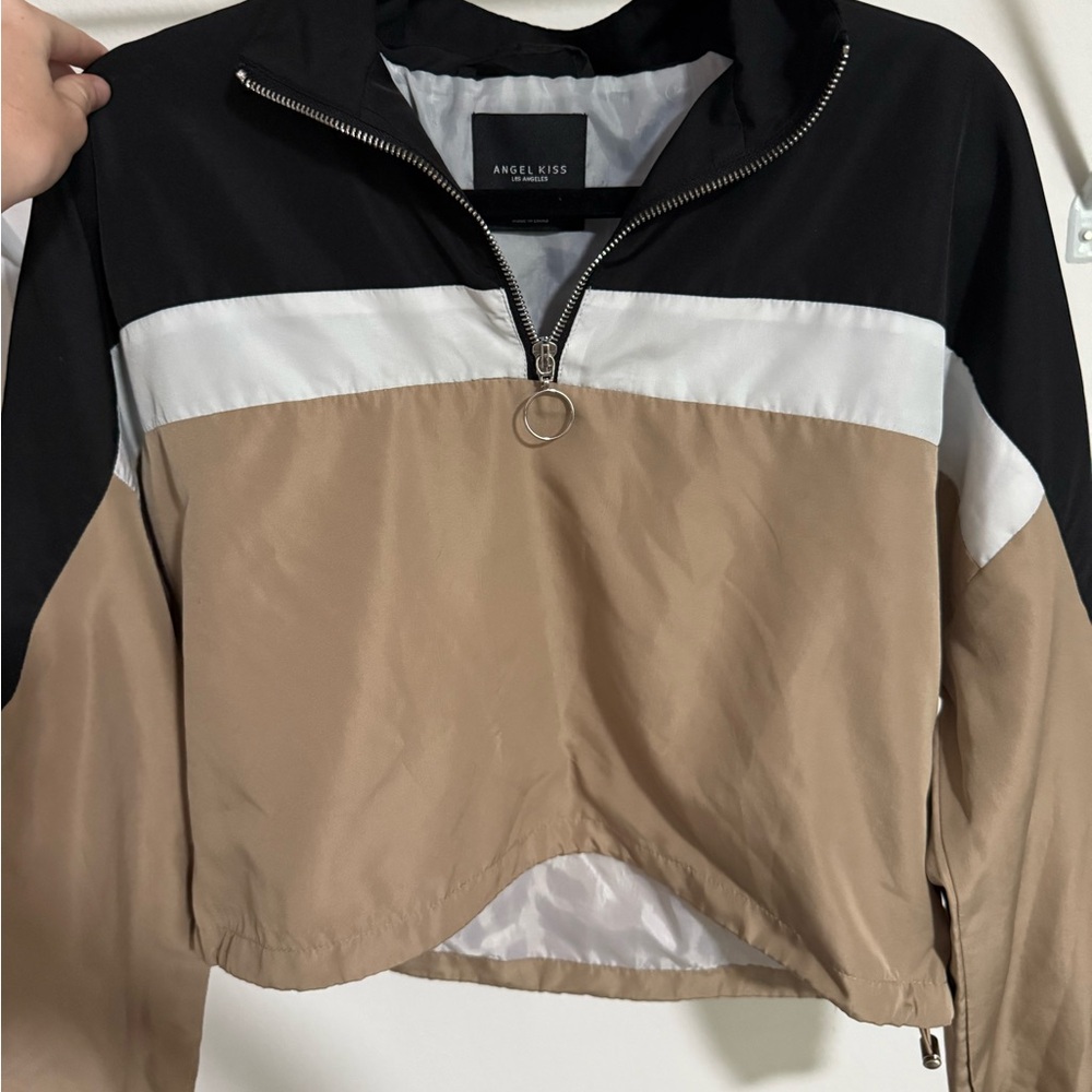 Angel Kiss Women's Black, White, and Tan Bomber Jacket